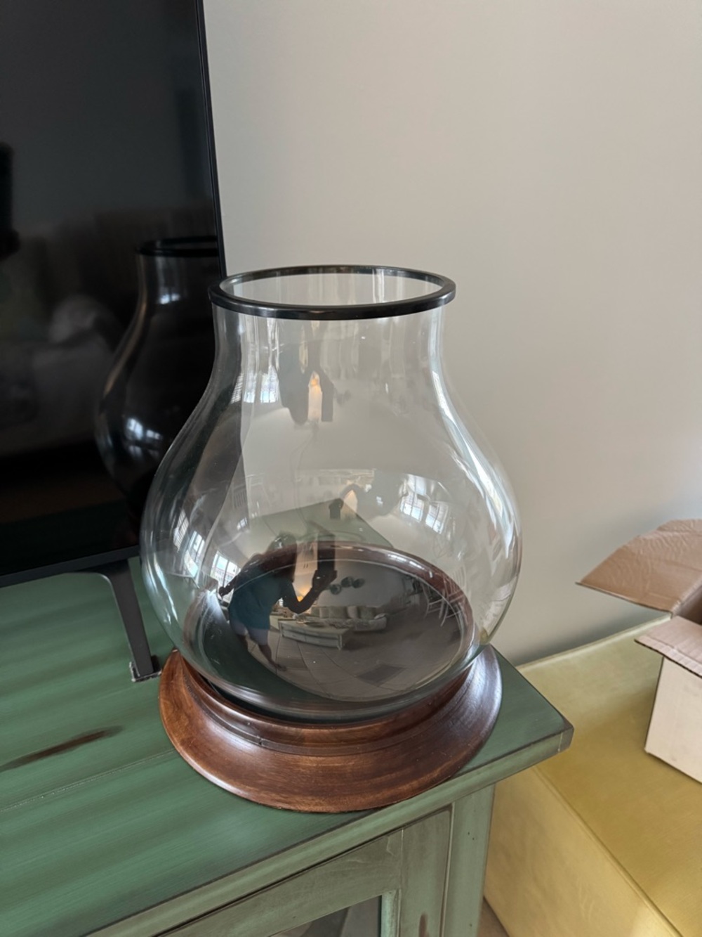 Glass Hurricane Vase with Wood Base - Black Trim - Picture 3 of 4